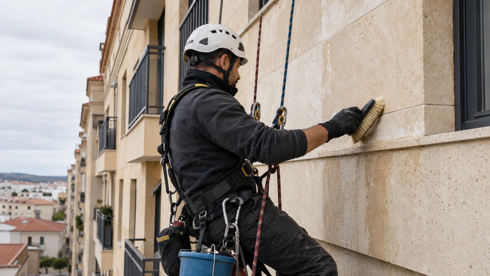 Limpieza técnica de piedra en fachada alta